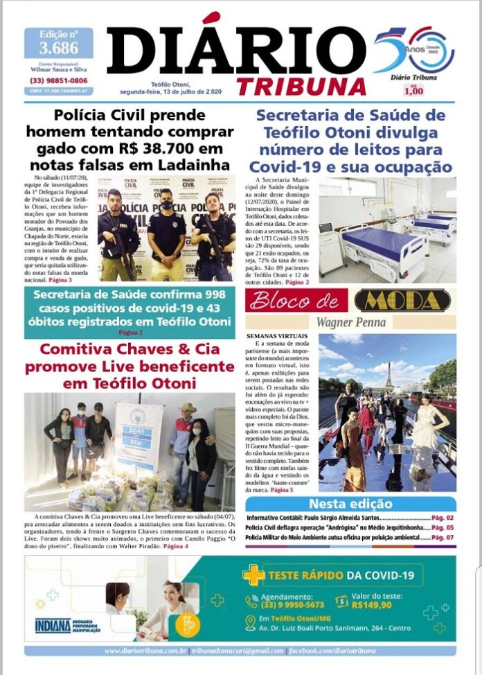 Diário Tribuna, 13 de Julho de 2020, Teófilo Otoni – Minas Gerais