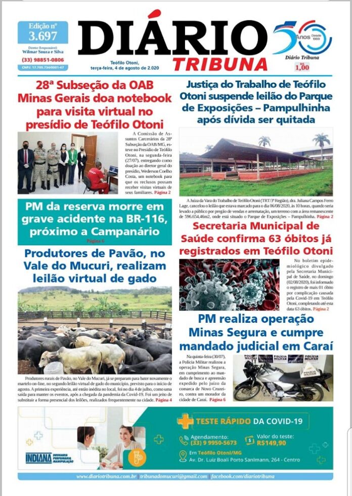 Diário Tribuna, 04 de Agosto 2020, Teófilo Otoni – MG