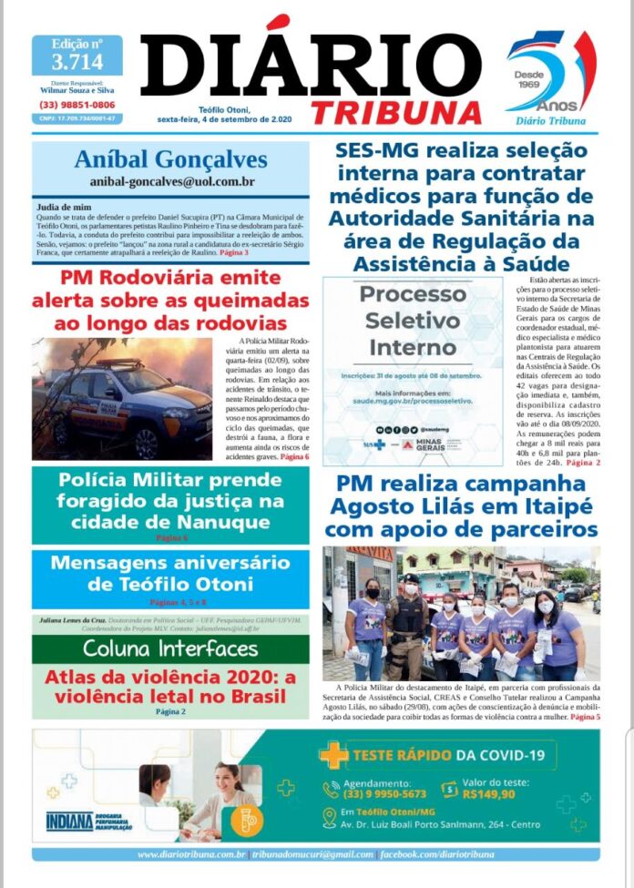Diário Tribuna, 04 de Setembro 2020, Teófilo Otoni – MG
