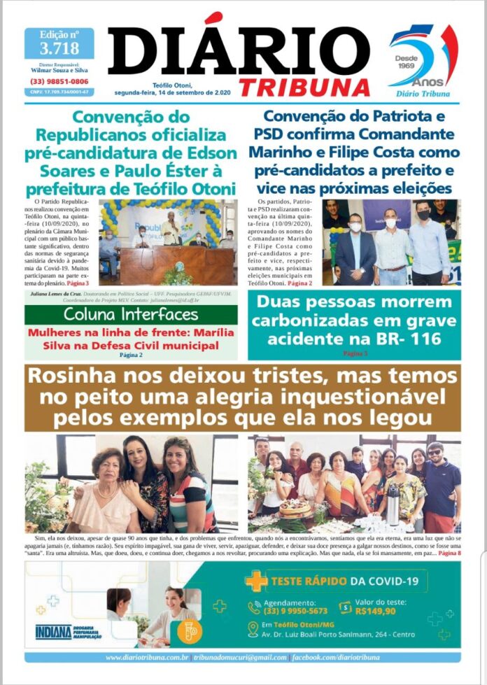 Diário Tribuna, 14 de Setembro 2020, Teófilo Otoni – MG