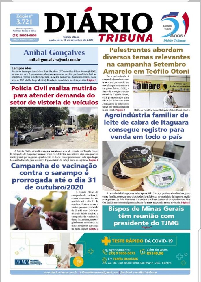 Diário Tribuna, 18 de Setembro 2020, Teófilo Otoni – MG
