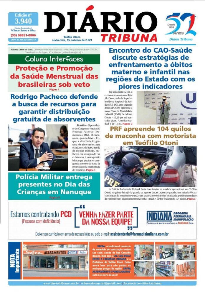 Diário Tribuna, 15 de Outubro 2021, Teófilo Otoni – MG