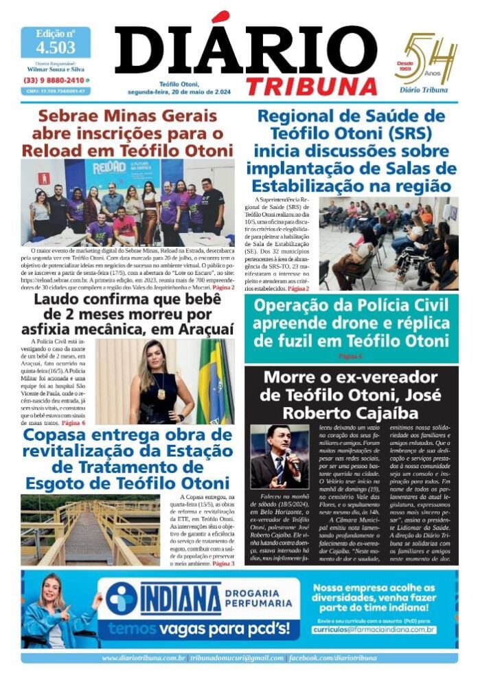 Diário Tribuna, 20 de Maio de 2024, Teófilo Otoni – MG