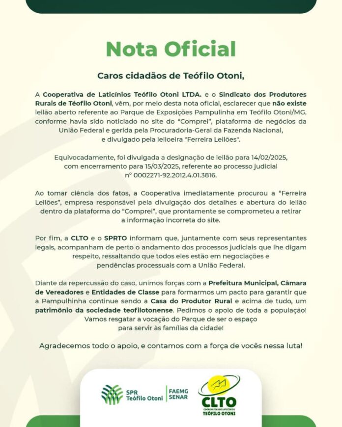 Sindicato dos Produtores Rurais e CLTO afirmam que não existe leilão aberto referente ao Parque de Exposições – Pampulhinha