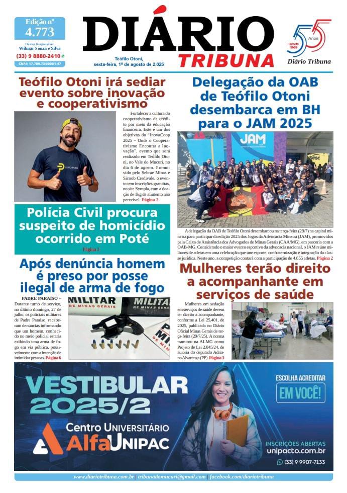 Diário Tribuna, 1º de Agosto de 2025, Teófilo Otoni – MG