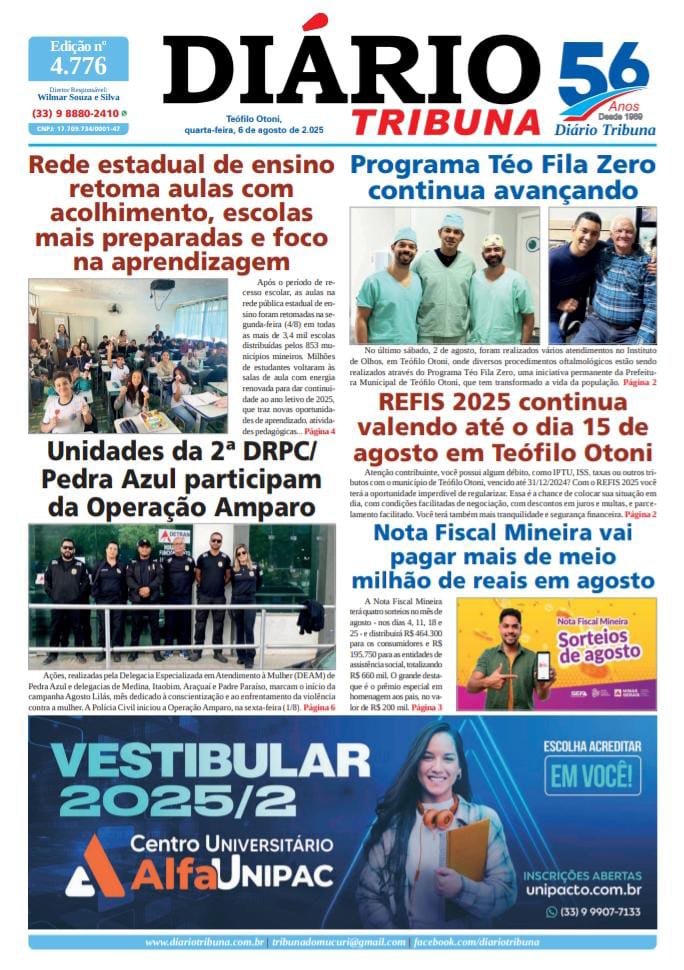 Diário Tribuna, 6 de Agosto de 2025, Teófilo Otoni – MG