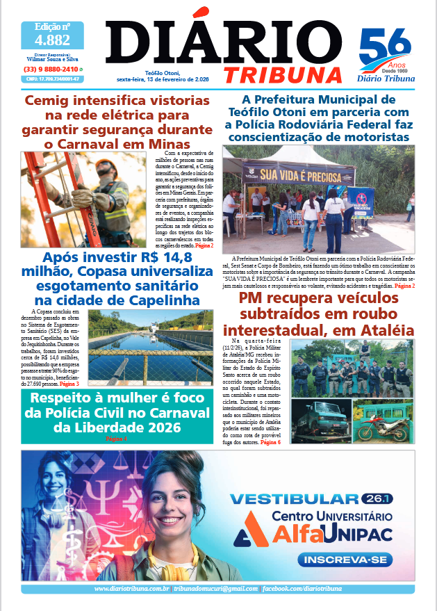 Diário Tribuna, 13 de Fevereiro de 2026, Teófilo Otoni – MG